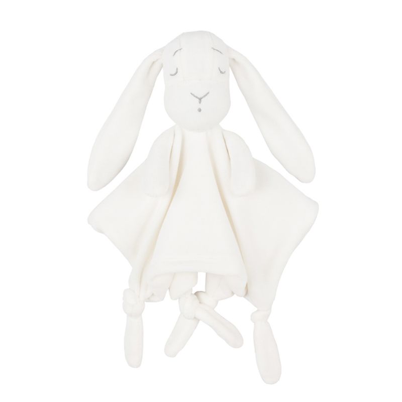 Long-eared plush bunny baby comforter with knotted corners – White
