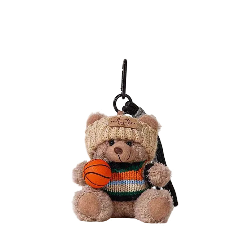 Plush Bear Bag Charm, Teddy in Knitted Hat Holding a Basketball, 17 cm, Four Colours, styled in a nursery setting