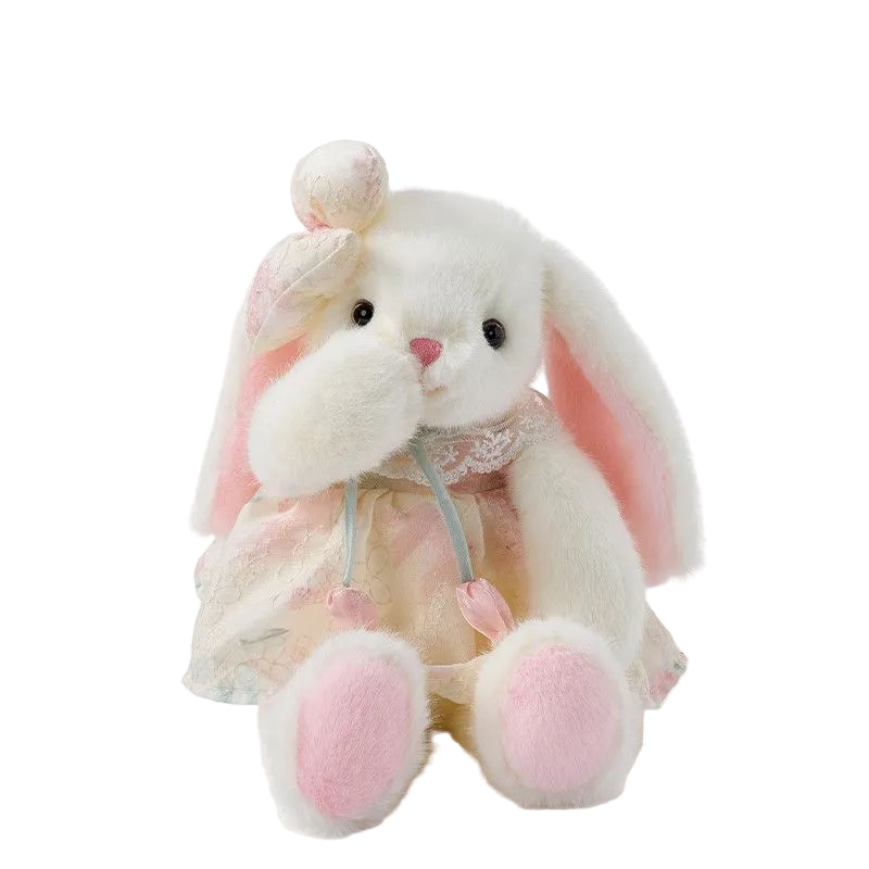 White long-eared bunny soft toy in a patterned dress with lace collar and ear bow – Blossom Pink, 40cm