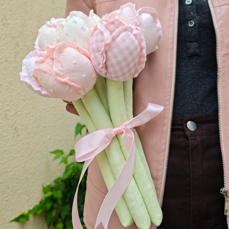 Pink handmade fabric tulip bouquet with seven patterned stems and pink ribbon – view 5 of 6