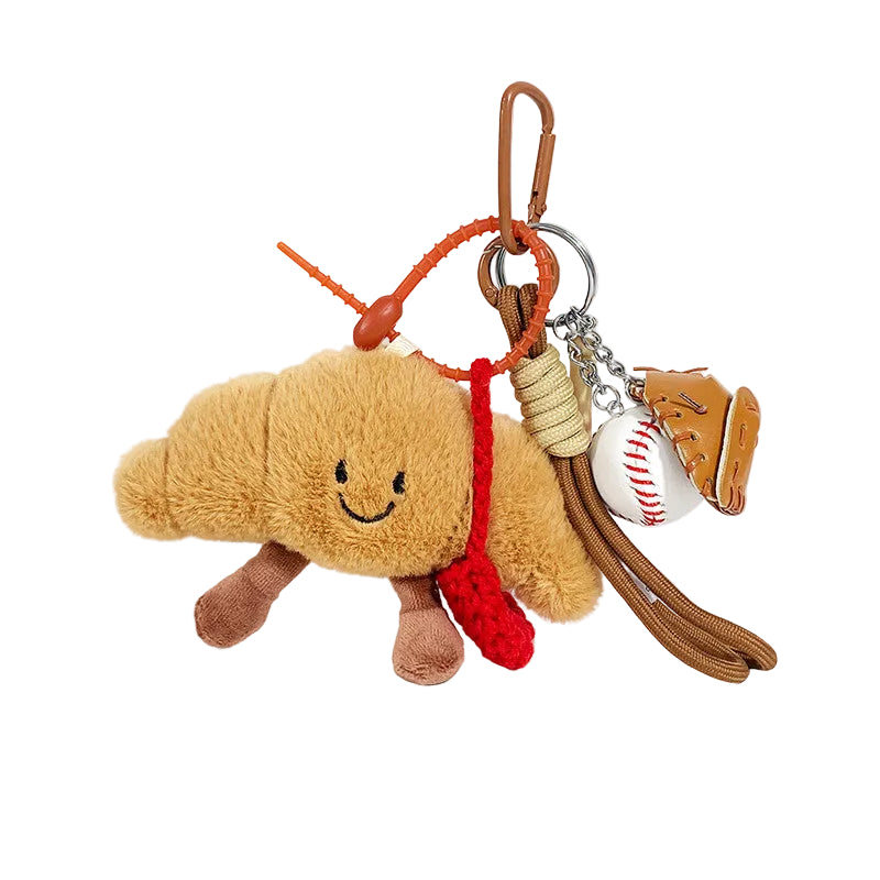 Plush Croissant Bag Charm, Smiling Pastry Keyring, 14 cm, PP Cotton, Three Versions, side view