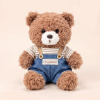Teddy Bear Plush Toy – Brown Curly Bear in Striped Shirt and Overalls