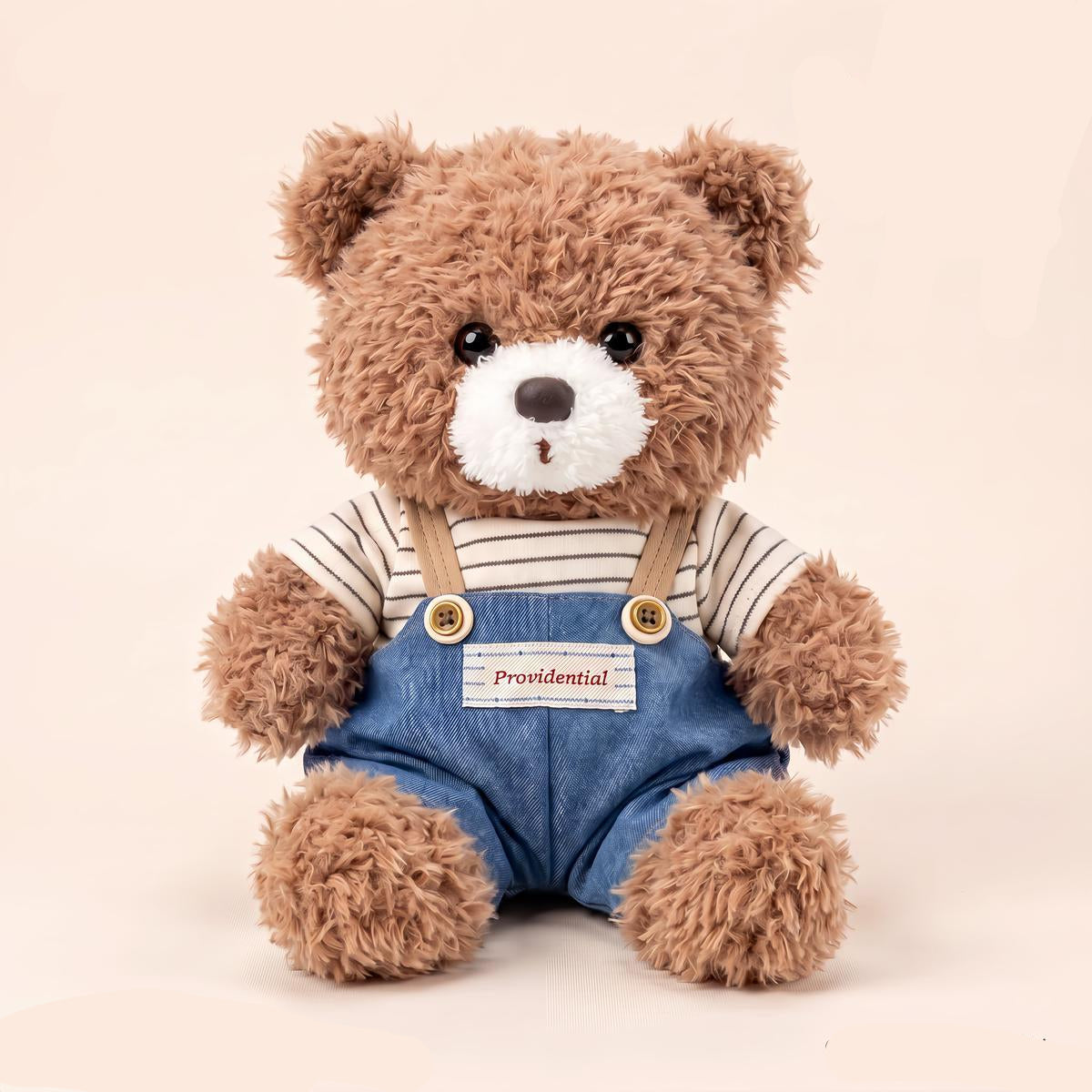 Teddy Bear Plush Toy – Brown Curly Bear in Striped Shirt and Overalls