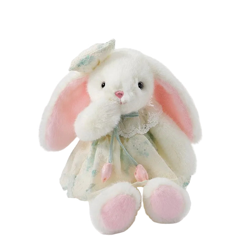 White long-eared bunny soft toy in a patterned dress with lace collar and ear bow – Classic Blue, 40cm