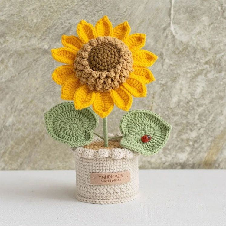 Handmade Crochet Potted Sunflower – Knitted Yarn Flower Decoration