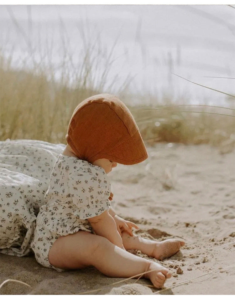 Baby Bonnet with Brim - Linen Blend Tie-Up Sun Hat, One Size