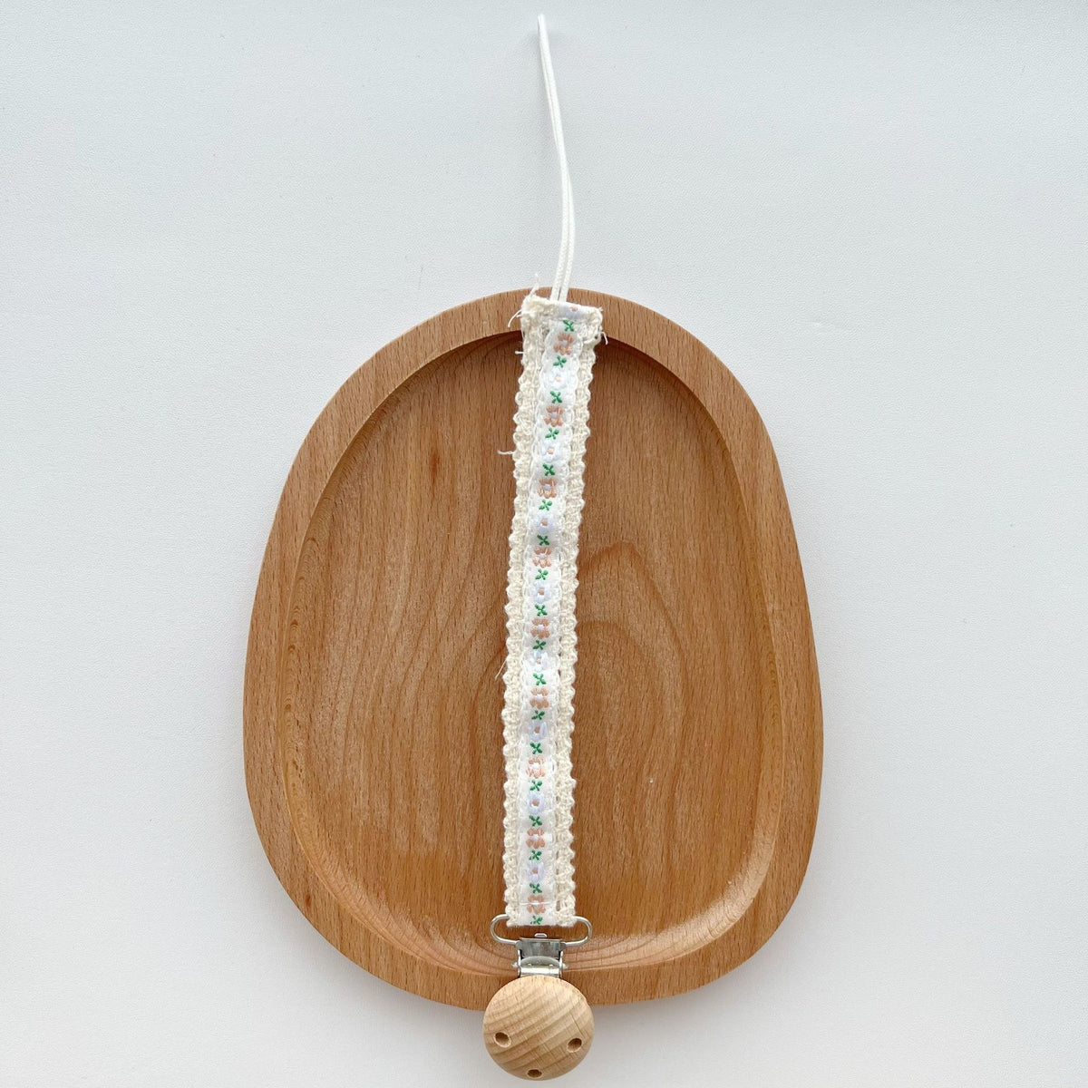 Floral Ribbon Dummy Clip – Lace Edge Soother Holder with Beech Wood Clip | 28.5 cm | 7 Designs