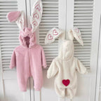 Fluffy hooded bunny baby romper with long heart-patterned ears and front zip – view 6 of 9