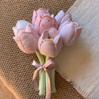 Pink handmade fabric tulip bouquet with seven patterned stems and pink ribbon – Pink Tulips, 7 Stems