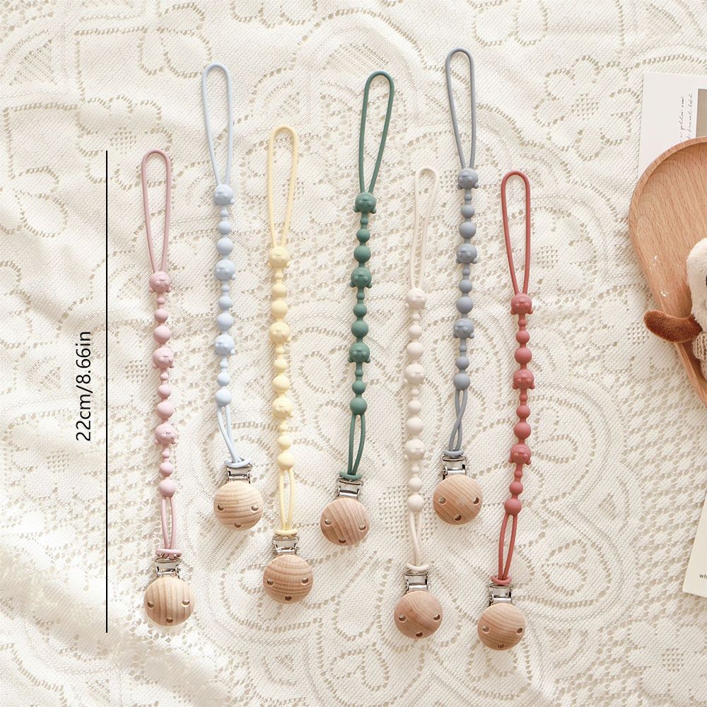 Silicone Dummy Clip – Beaded Soother Holder with Beech Wood Clip & Bear-Face Beads | 22 cm | 7 Colours