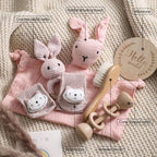 Baby milestone gift box with bunny comforter, crochet ring toy, socks and brush – view 5 of 15