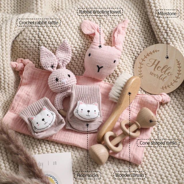 Baby milestone gift box with bunny comforter, crochet ring toy, socks and brush – view 5 of 15