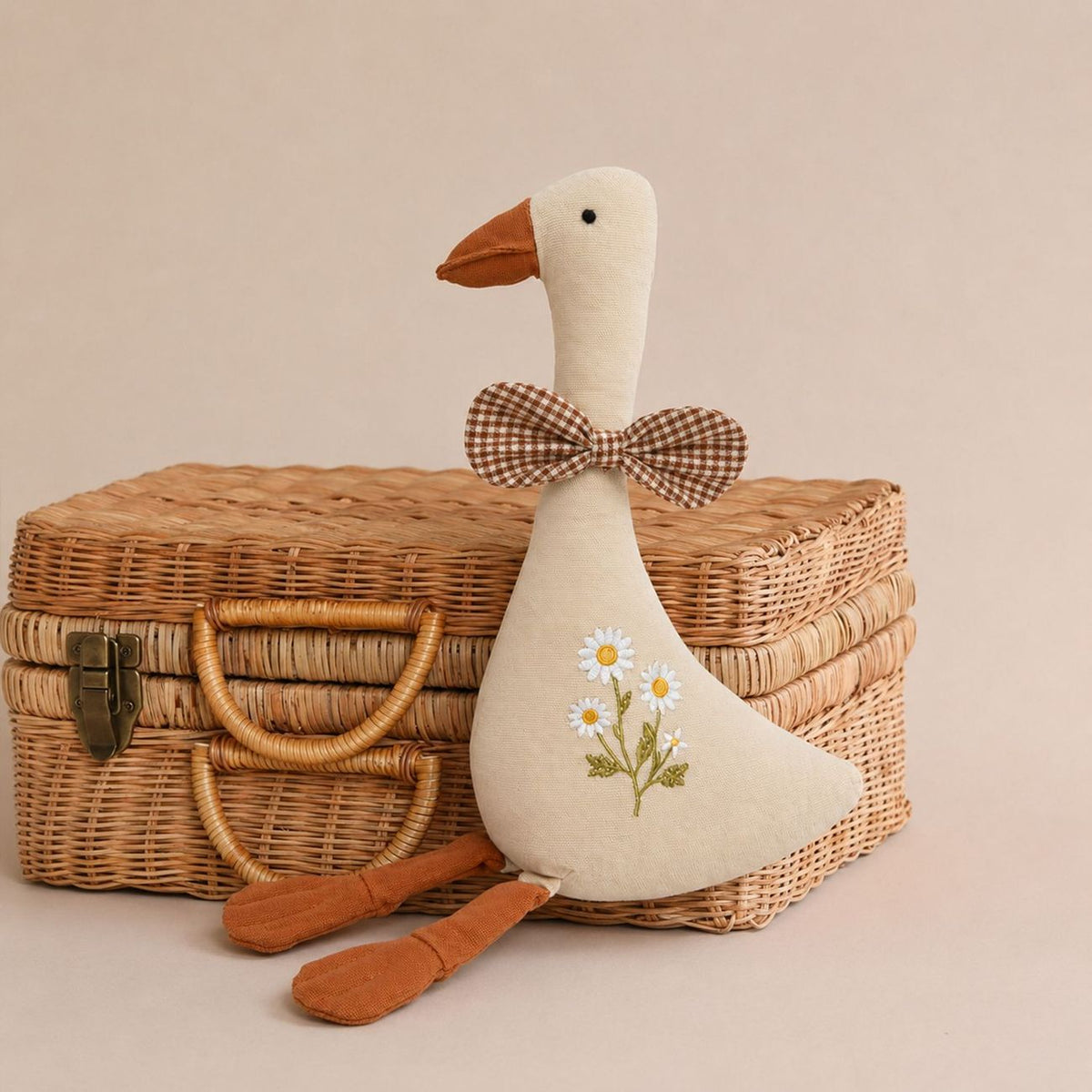 Polyester Goose Soft Toy, Embroidered Daisies and Gingham Bow, 32cm, 0 to 3 Years, styled in a nursery setting