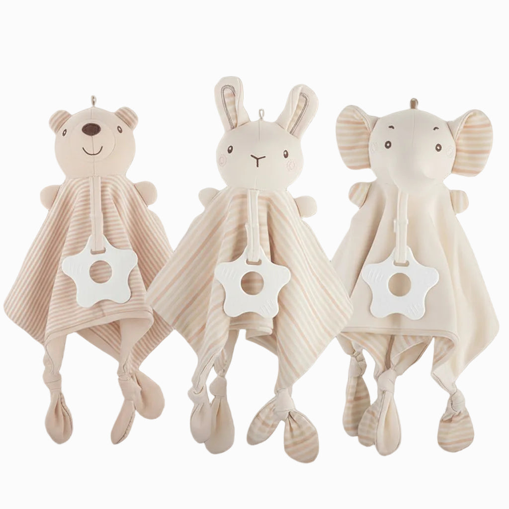 Baby Comfort Blanket Toy – Organic Cotton Animal Sensory Doll with Rattle & Teether | 40 cm