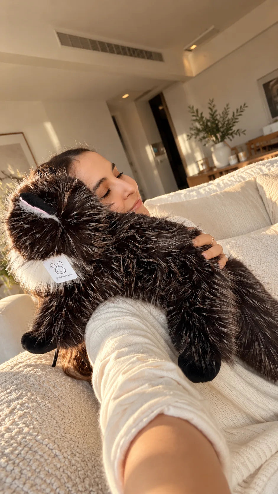 Realistic black cat plush toy, lying down, being hugged
