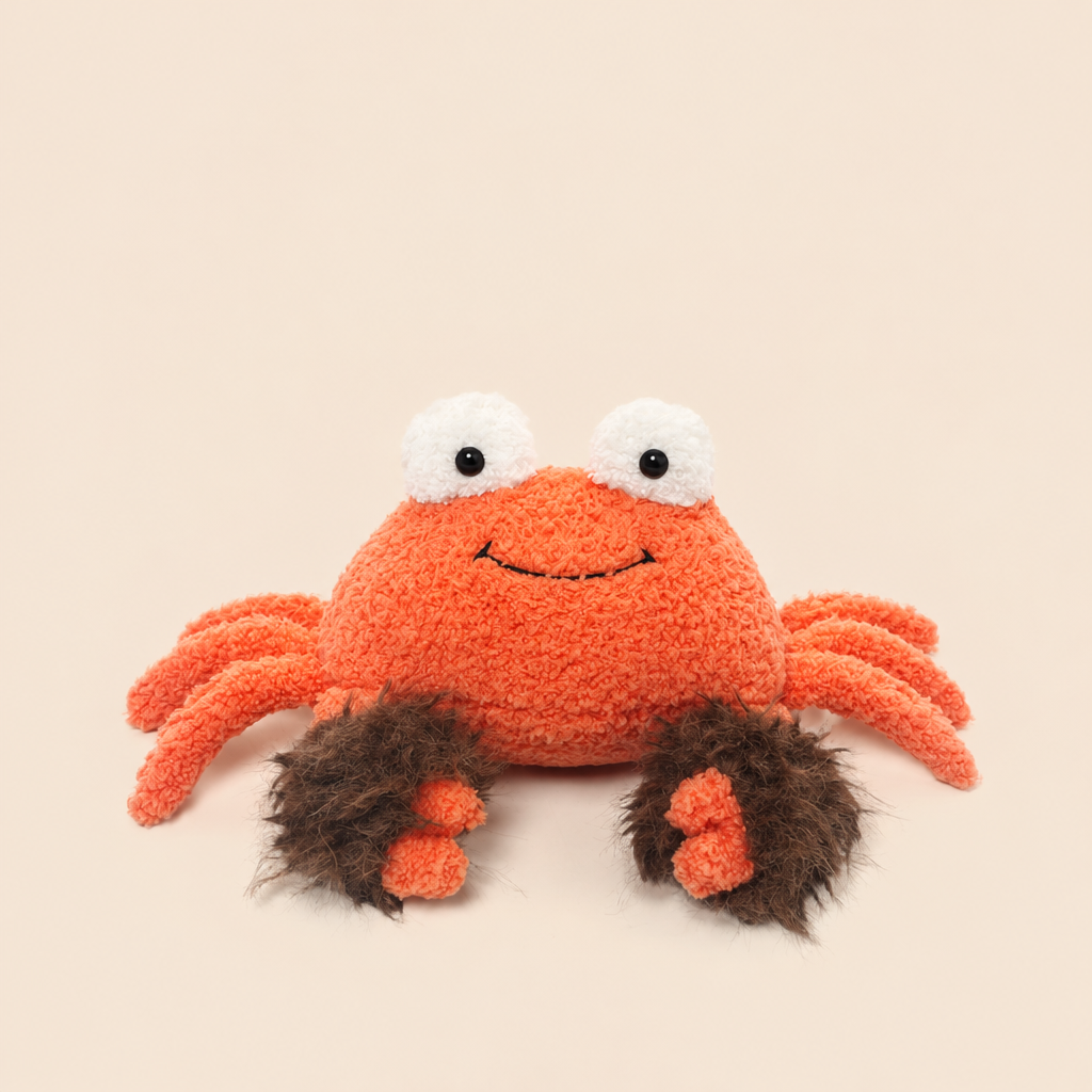 Red short-plush crab soft toy with outstretched claws, 23 cm across