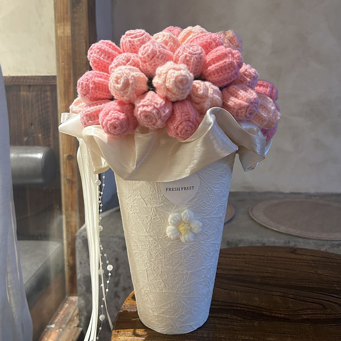 Pink decorative flower bouquet in keepsake tub with blanket and greeting card – view 2 of 9