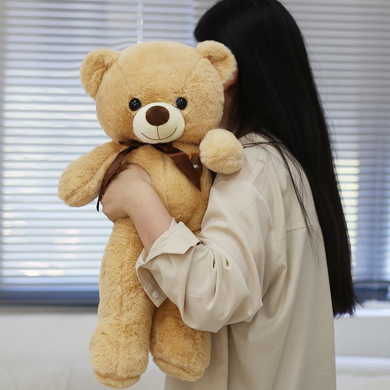 Large 80cm teddy bear with cream muzzle, brown neck ribbon and Love heart chest patch – Honey Brown, 80cm