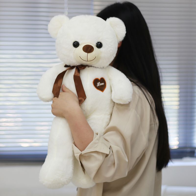Large 80cm teddy bear with cream muzzle, brown neck ribbon and Love heart chest patch – view 2 of 9