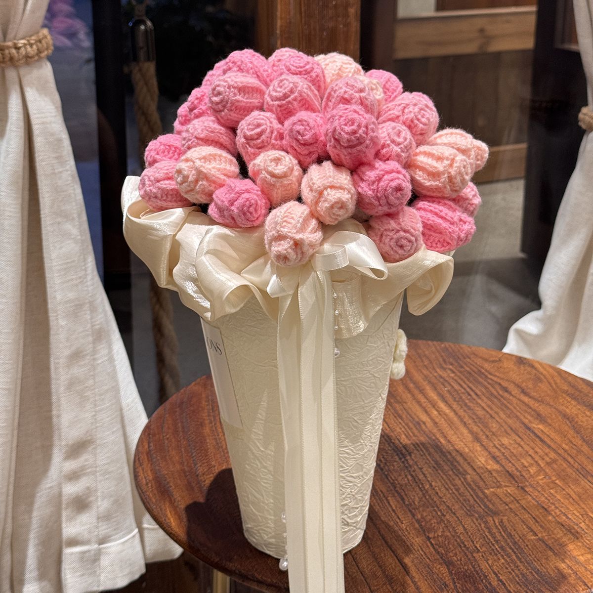 Pink decorative flower bouquet in keepsake tub with blanket and greeting card – view 3 of 9