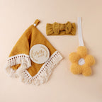 Boxed baby gift set with tassel-trim comforter, accessories and announcement plaque – Turmeric