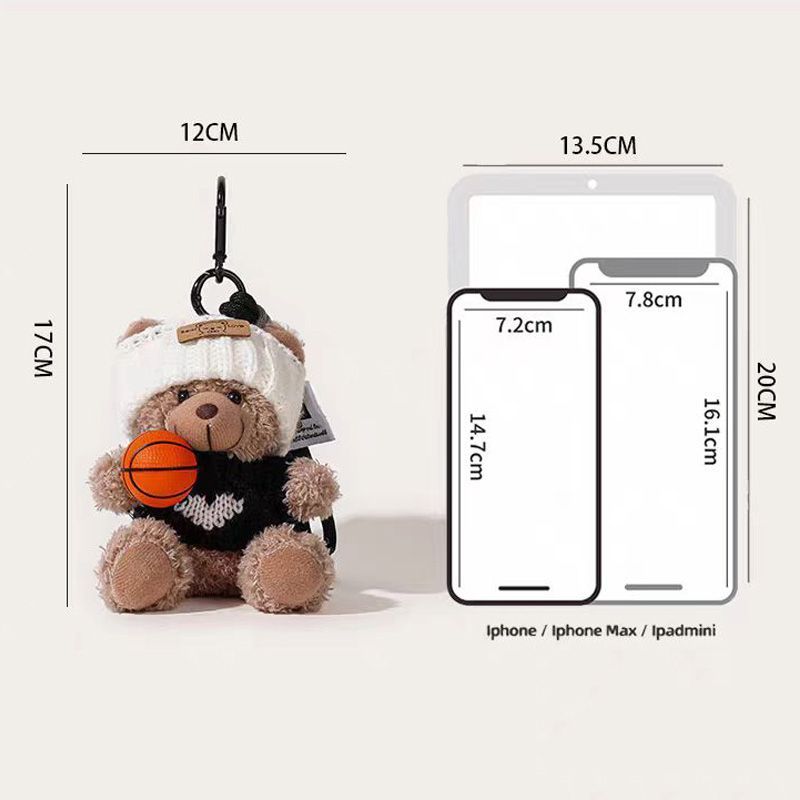 Plush Bear Bag Charm – Teddy in Knitted Hat Holding a Basketball, 17 cm, Four Colours