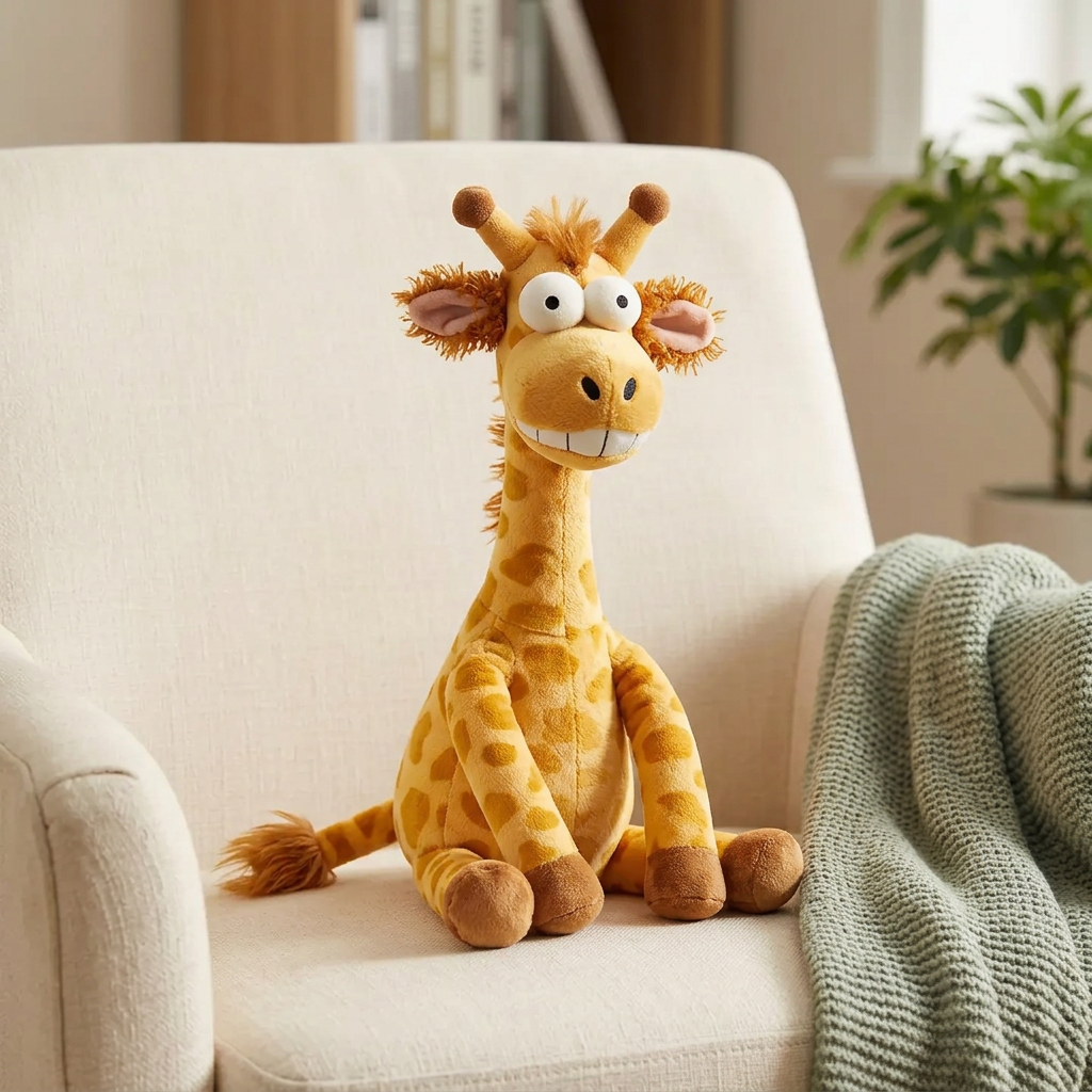 Funny face plush animal soft toy with oversized eyes and textured fur – Sheepish Giraffe, 32cm