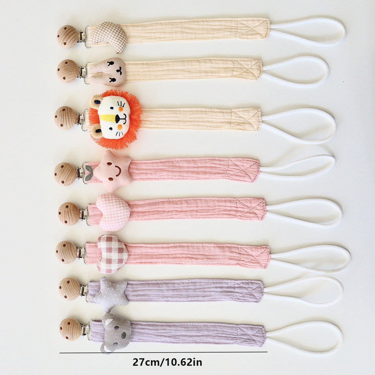 Cotton Dummy Clip – Knitted Soother Holder with Plush Motif & Beech Wood Clip | 27 cm | 8 Designs