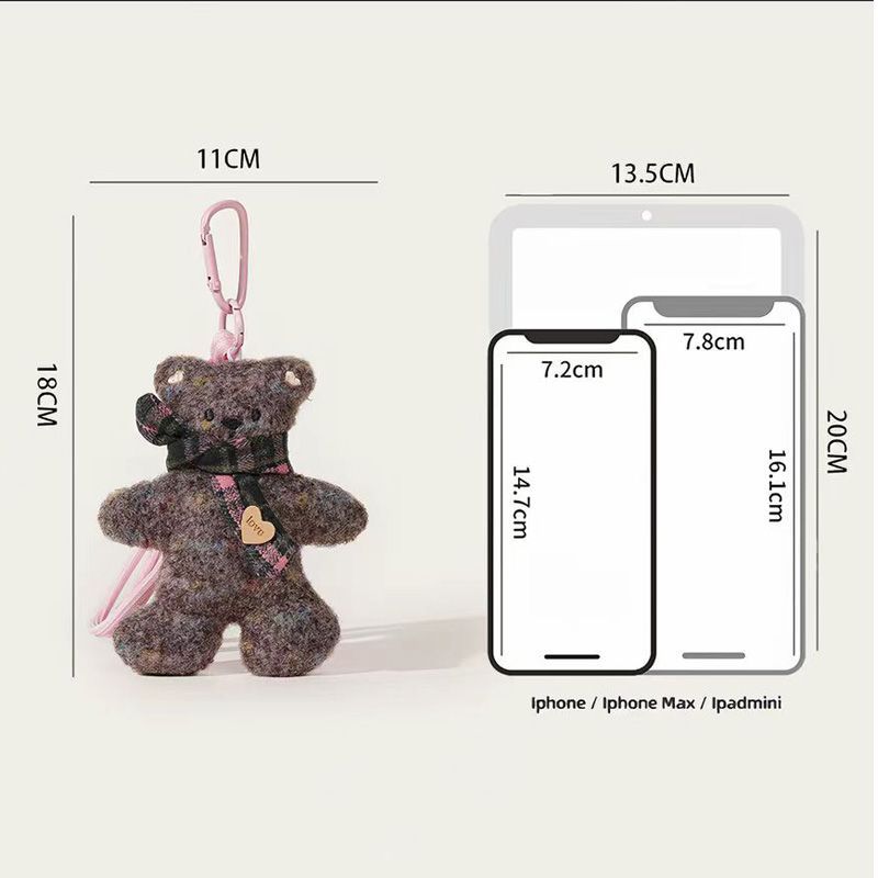 Plush Bear Bag Charm - Flecked Teddy Keyring with a Tartan Scarf, 18cm