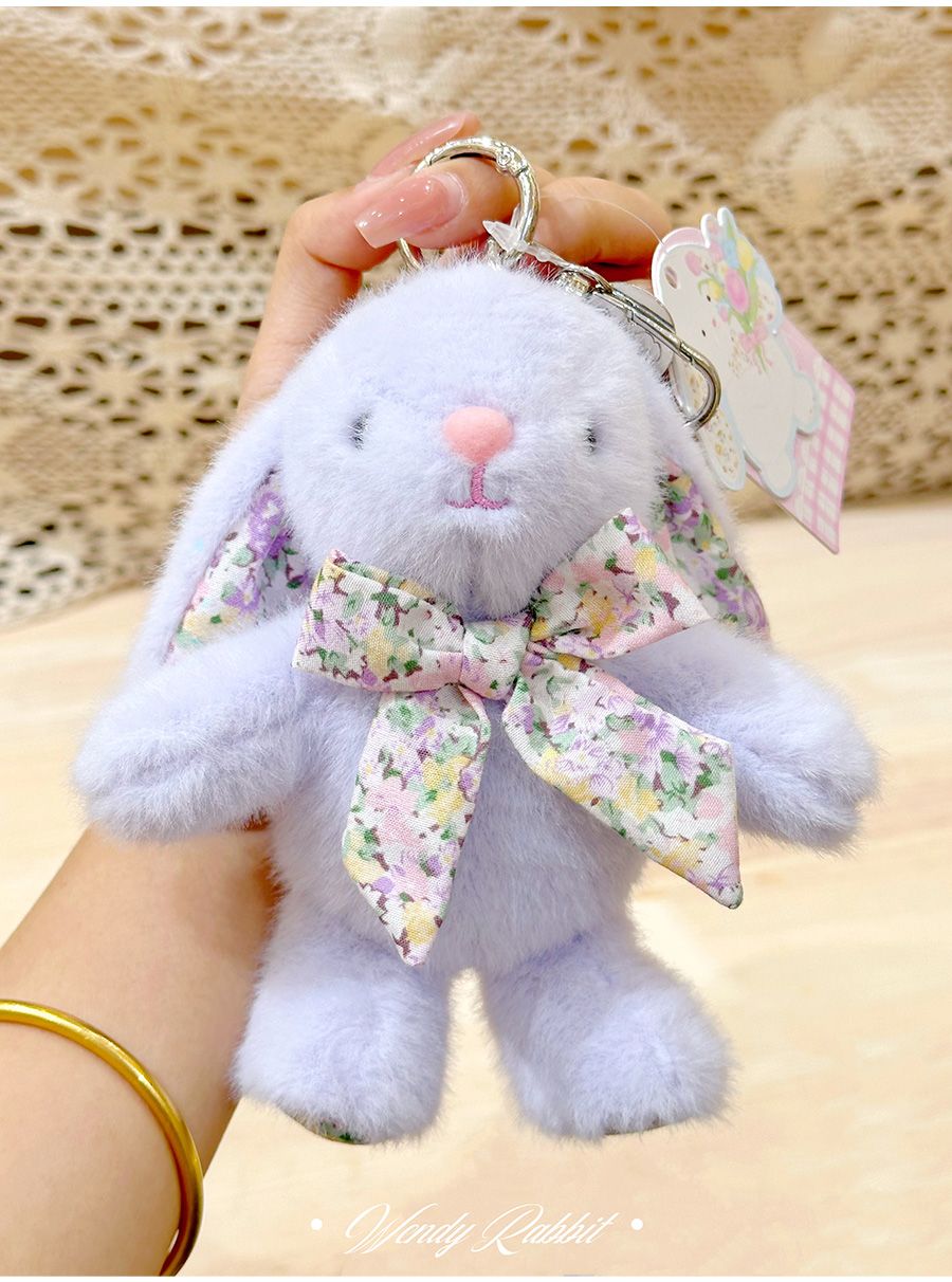 Plush Bunny Bag Charm, Floral Lined Ears, Lobster Clasp, 15 cm, Six Colours, styled in a nursery setting