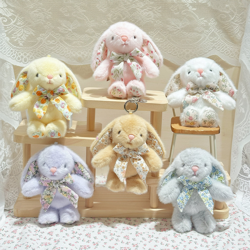 Plush Bunny Bag Charm – Floral Lined Ears, Lobster Clasp, 15 cm, Six Colours