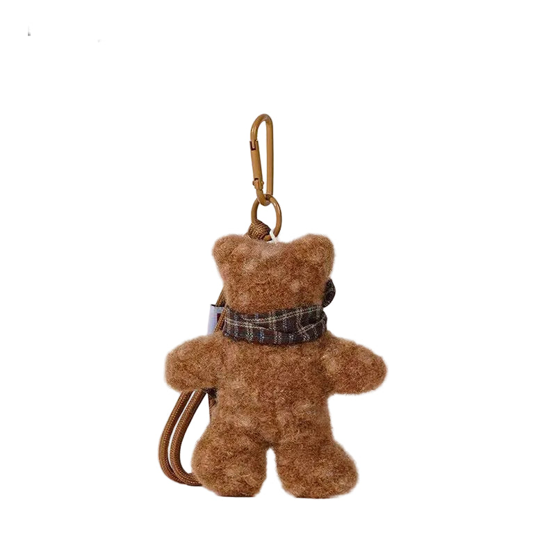 Plush Bear Bag Charm - Flecked Teddy Keyring with a Tartan Scarf, 18cm