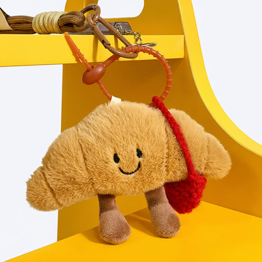 Plush Croissant Bag Charm – Smiling Pastry Keyring, 14 cm, PP Cotton, Three Versions