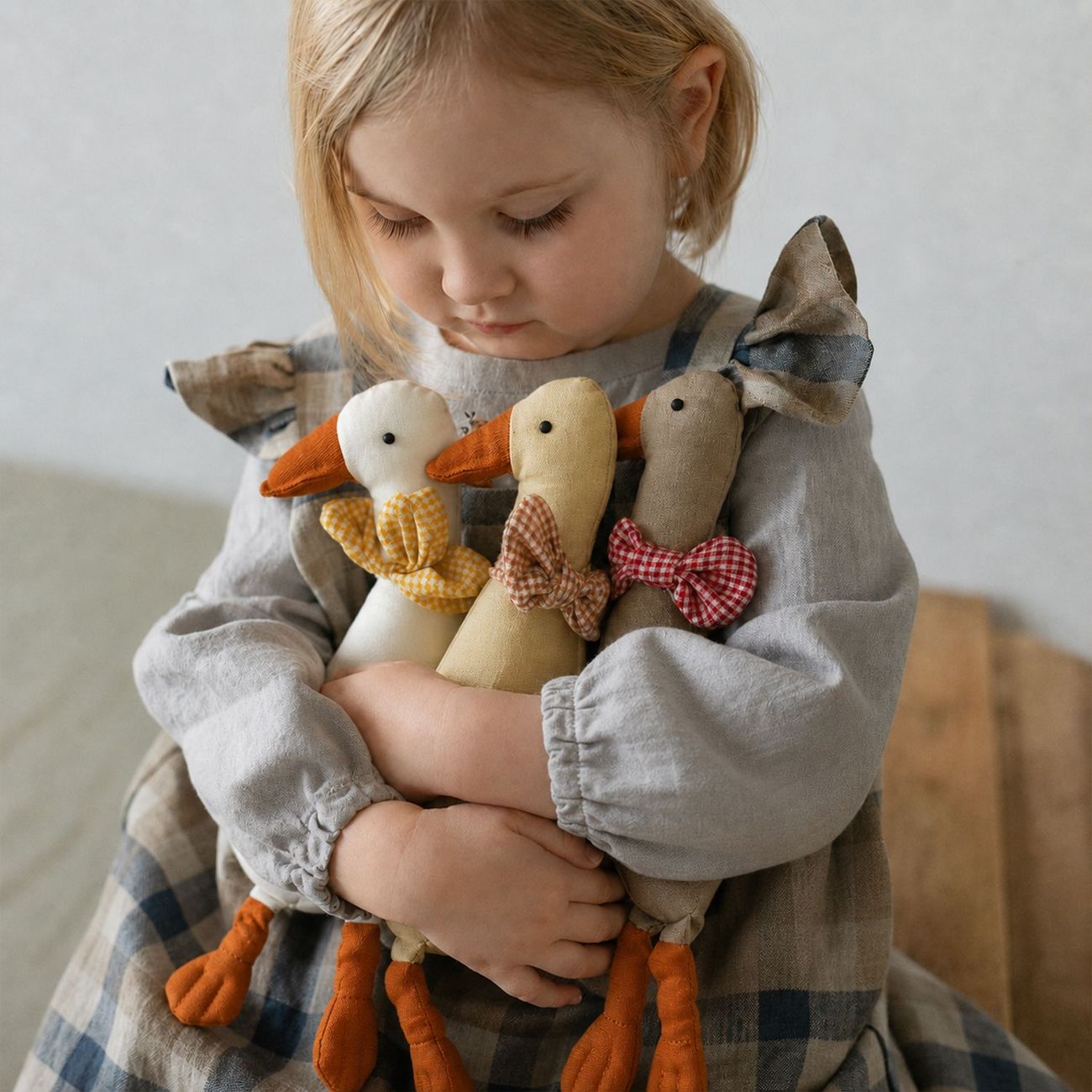 Polyester Goose Soft Toy - Embroidered Daisies and Gingham Bow, 32cm, 0 to 3 Years