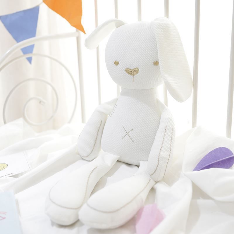 Long-limbed fabric bunny comforter doll with floppy ears and X-shaped tummy stitch – view 5 of 10