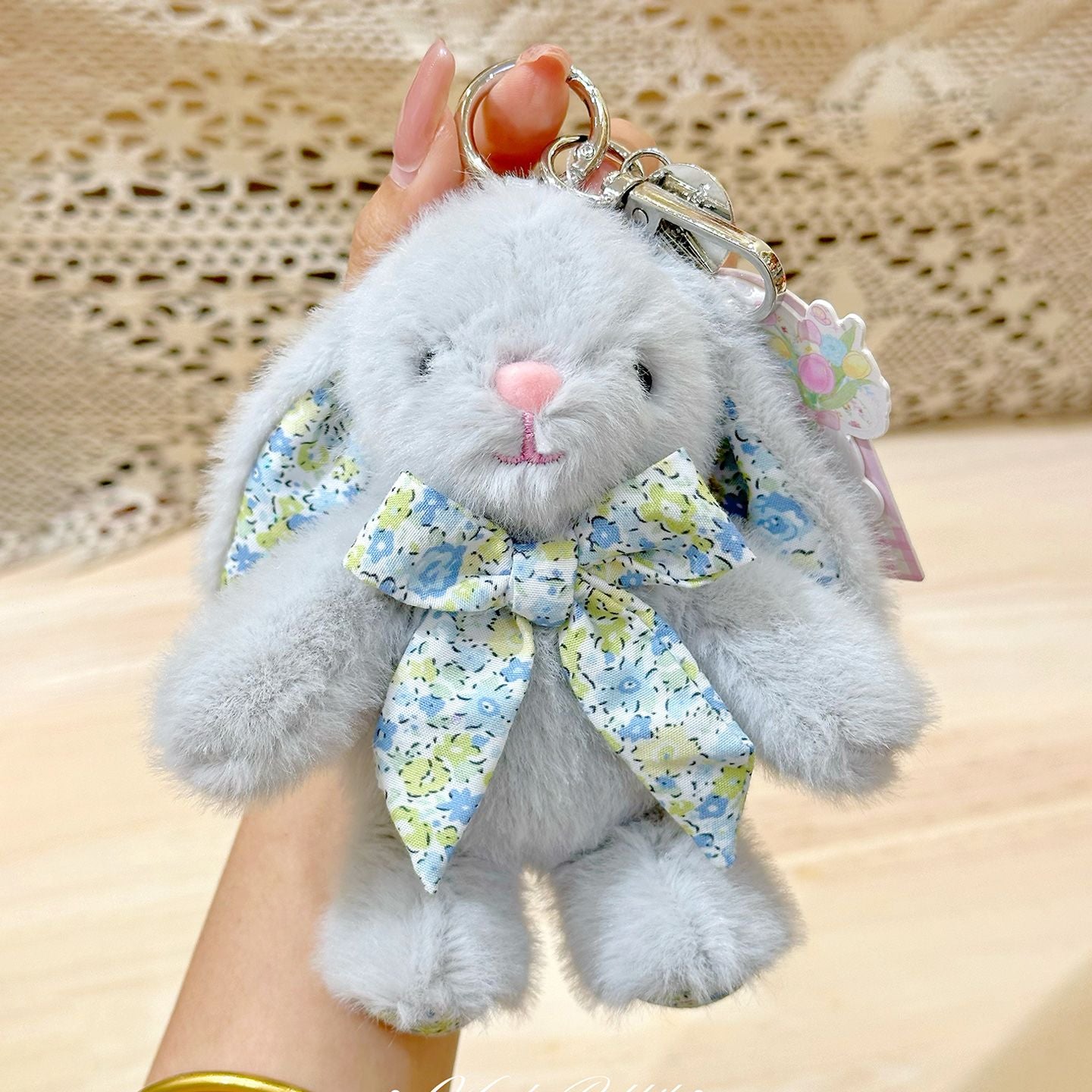 Plush Bunny Bag Charm – Floral Lined Ears, Lobster Clasp, 15 cm, Six Colours