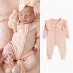Fine Knit Baby Romper - Pink Pointelle Button Front All-in-One with Frill Shoulders, 0 Months to 3 Years