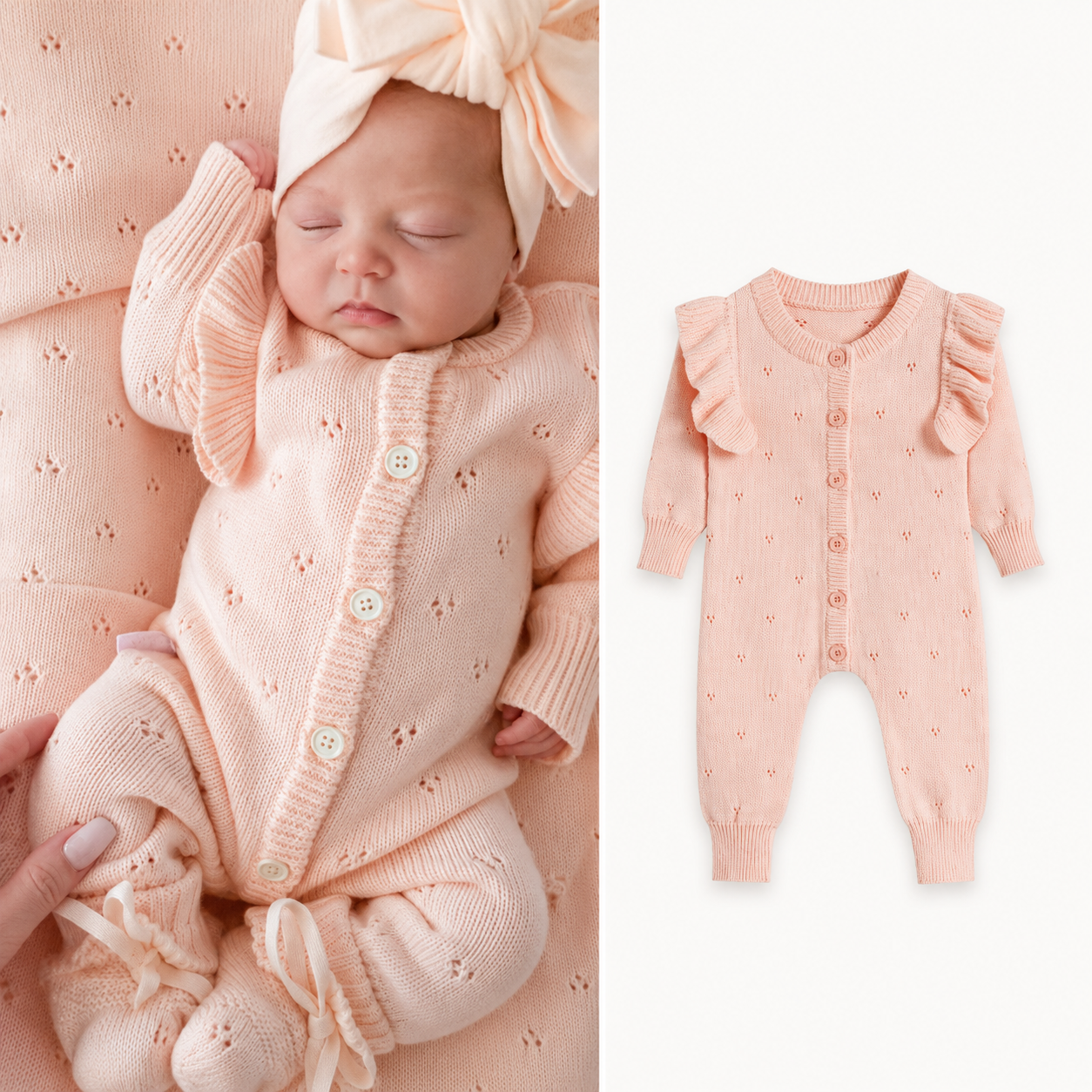 Fine Knit Baby Romper - Pink Pointelle Button Front All-in-One with Frill Shoulders, 0 Months to 3 Years