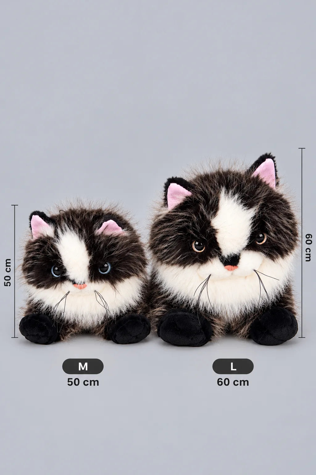 Realistic black cat plush toy, lying down, 50cm and 60cm sizes side by side