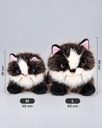 Realistic black cat plush toy, lying down, 50cm and 60cm sizes side by side