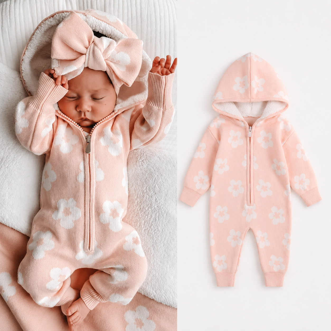 Hooded Knitted Baby All-in-One - Sherpa Lined Zip Up Romper with Ears, 0 to 24 Months