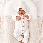 Ribbed Knit Baby All-in-One - Cream Cotton Blend Button Front Romper, 0 to 24 Months