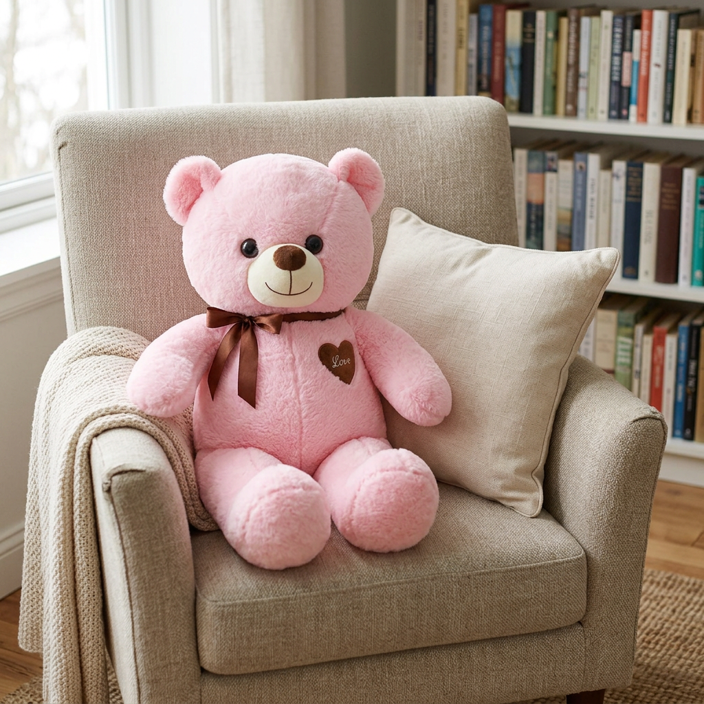 Large 80cm teddy bear with cream muzzle, brown neck ribbon and Love heart chest patch – view 9 of 9