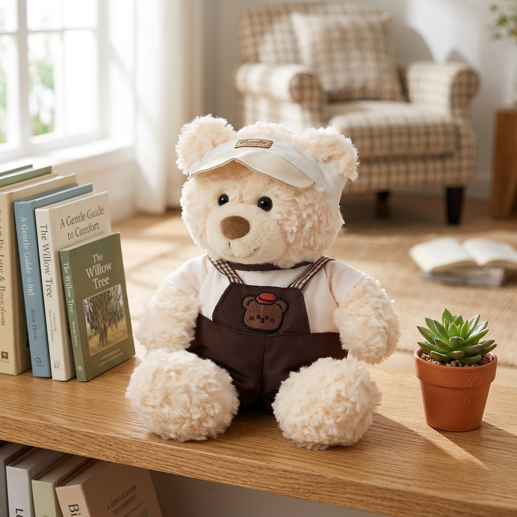 Teddy bear in brown dungarees with checked straps and white visor – view 3 of 7