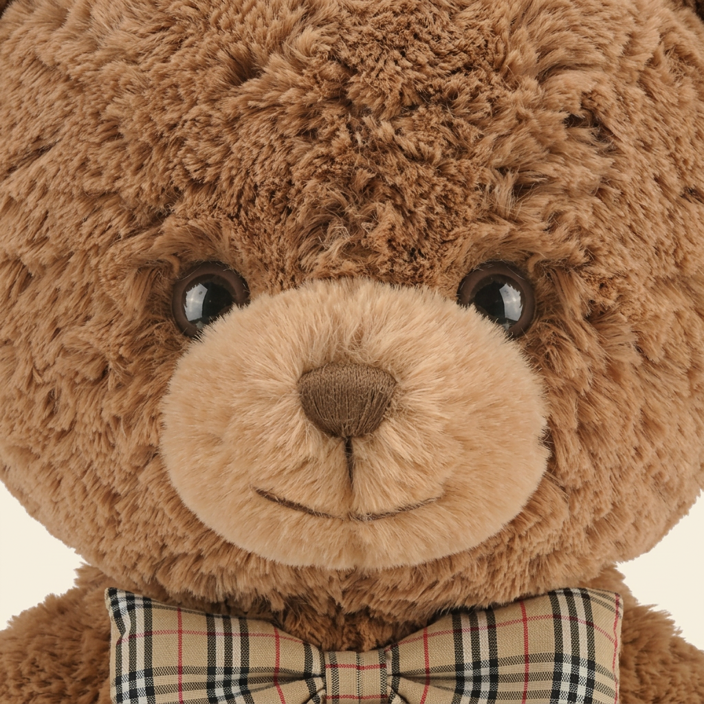 Brown curly plush teddy bear with cream muzzle and checked bow tie – view 5 of 6
