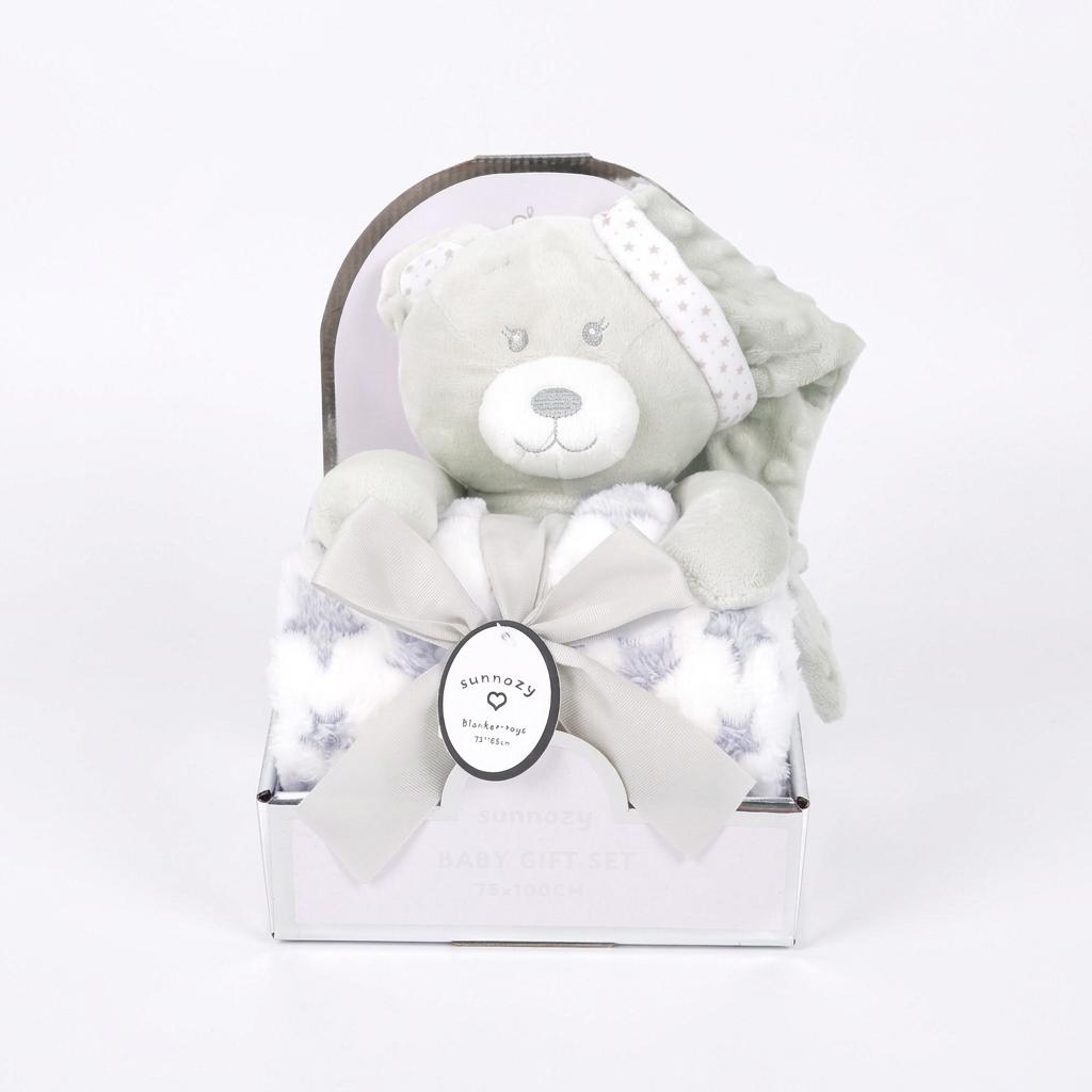 Flannel baby blanket with a matching animal soft toy gift set – Grey Bear with Hat