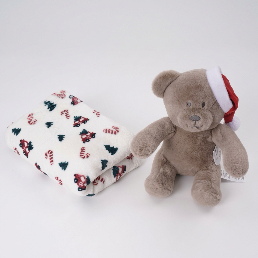 Flannel baby blanket with a matching animal soft toy gift set