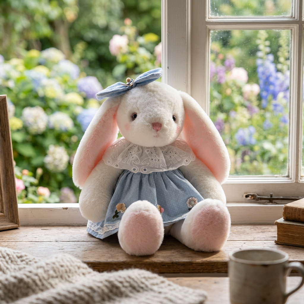 White bunny soft toy in a light blue floral dress with eyelet collar and head bow – view 5 of 6