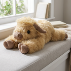 Lying Highland cow soft toy with shaggy golden-tan fur, fringe and brown hooves – view 2 of 7