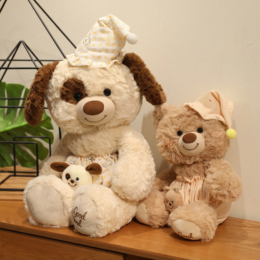 Plush bear and bunny in nightcaps and patterned pyjama-style fronts – view 2 of 11